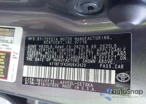 2017 Toyota Camry Se из США, поврежденный, VIN 4T1BF1FK5HU643420